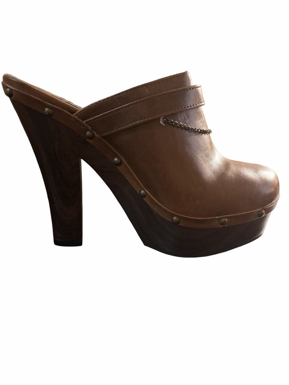 Bucco Brown Leather Platform Clogs Heels Womens 7 Chunky Wood Heel Mule Y2K Boho